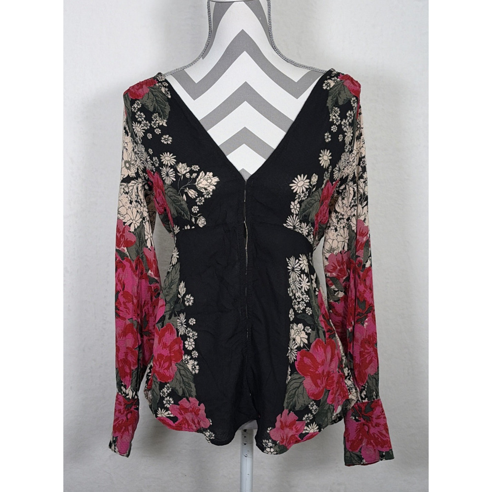 Free People Boho Pattern Kimono Style Top XS Floral Print Hook & Eye Closure